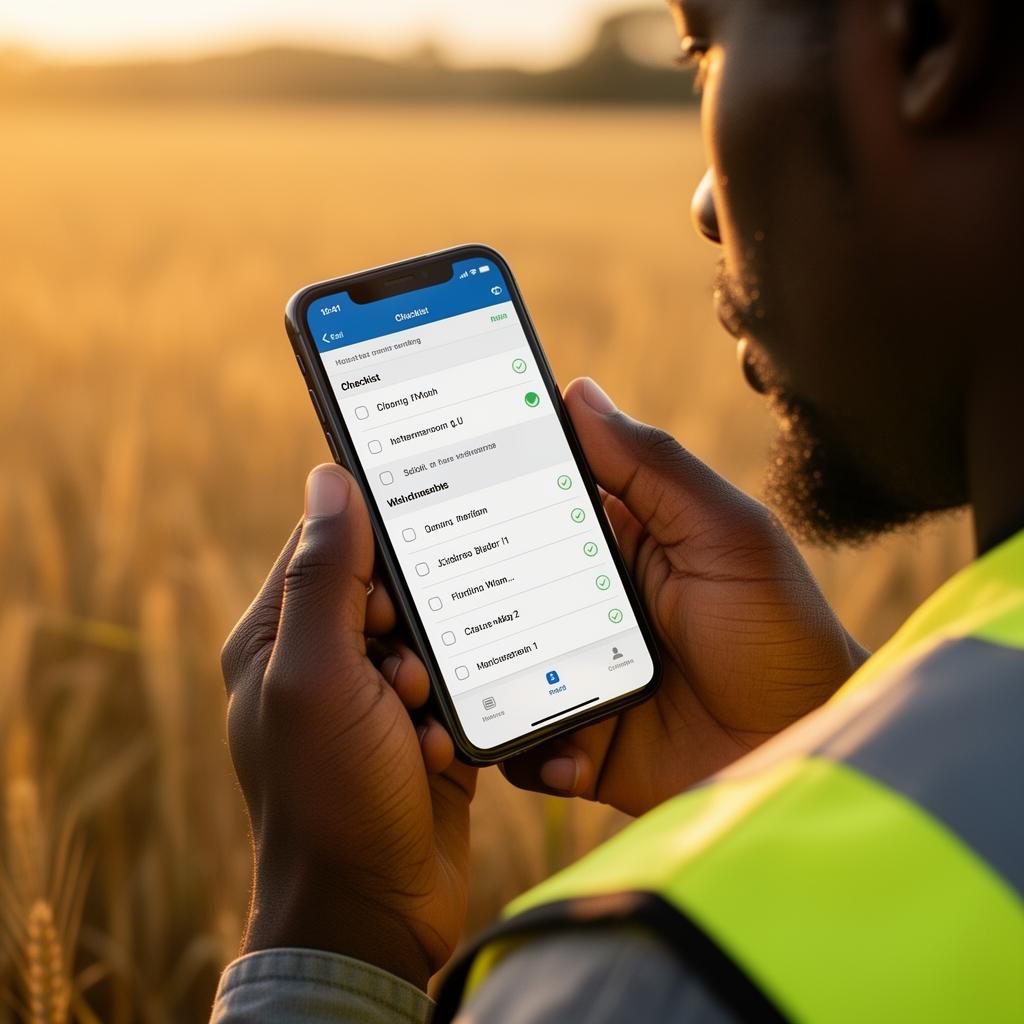 Field worker completing a checklist on a smartphone in the field