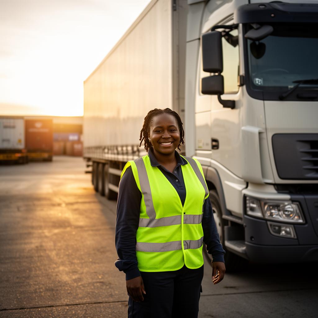 Long-haul truck driver in a safety vest at a logistics yard at golden hour